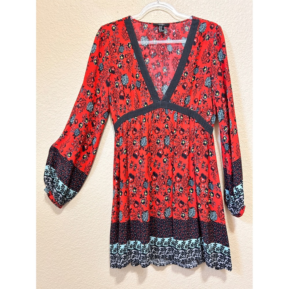Forever 21 M Vintage Floral Red Mini Dress V-Neck Boho Long Sleeve Babydoll